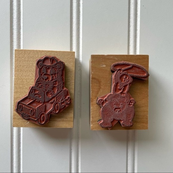 Vintage Wood Block Rubber Stamp Hamilton Arts Teddy Bear Car Rodeo Lasso Set - Picture 4 of 7